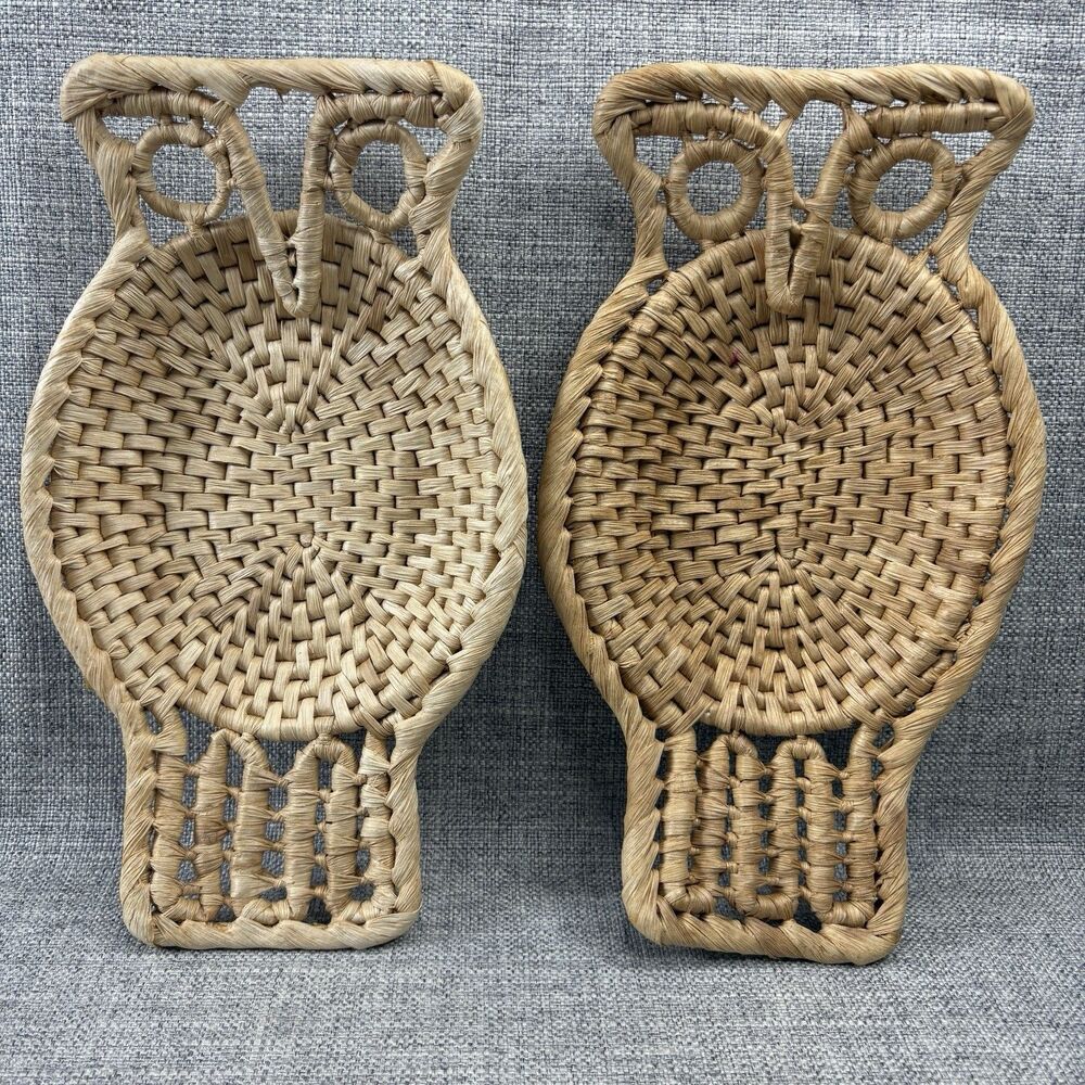 Woven Wicker Owl Baskets Set of 2 Boho Wall Decor Catchall Tray Natural Vintage